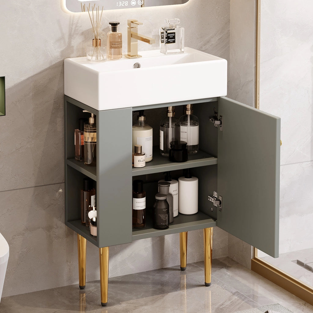 Mobile bagno compatto con lavabo in ceramica lucida e mobile sottolavabo grigio chiaro 55 cm