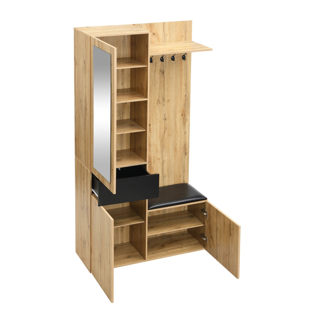 Set ingresso con appendiabiti a 5 ganci, specchio, armadietto porta scarpe e panca, struttura in MDF, 98,5x38x191 cm, colore legno e nero