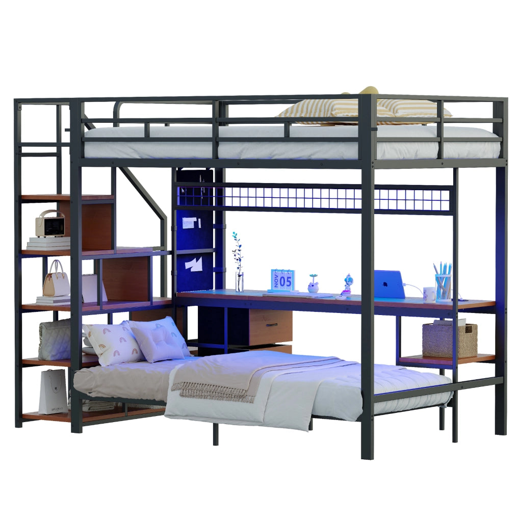 Letto a soppalco 140x200 cm con letto inferiore 90x200, scrivania LED e prese nero