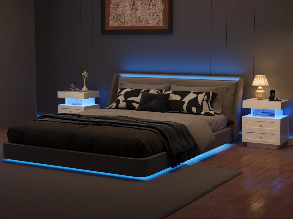 Comodino con 2 cassetti e illuminazione LED, 50x40x60 cm, bianco