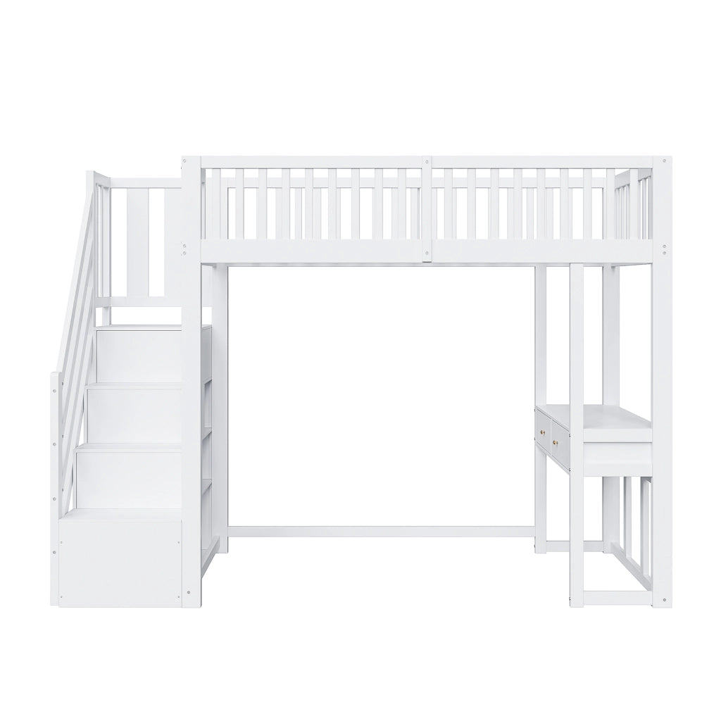 Letto a soppalco 90x200 con scrivania multifunzionale; scala contenitore e struttura in legno bianco