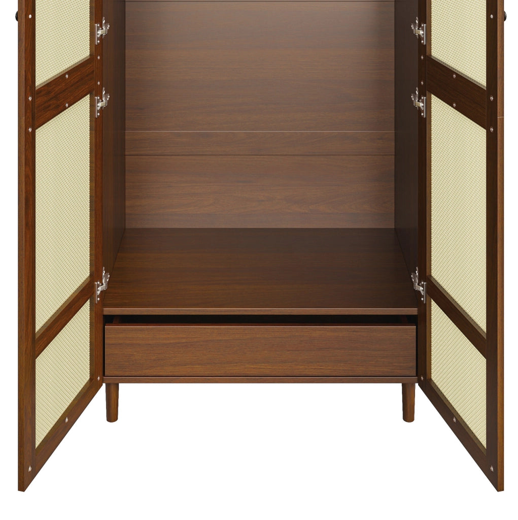 Armadio guardaroba 80x50x179 cm con ante in rattan e cassetti color noce HAVRYA