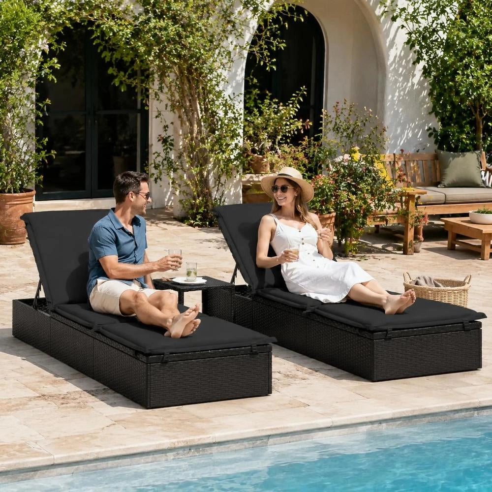 Sun Loungers (2 Pieces) With Table, Black Poly Rattan