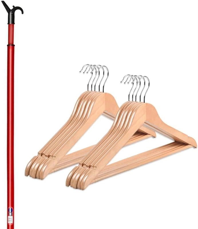MAURY'S SET MANICO BASTONE APPENDIABITI PER ARMADIO GUARDAROBA ALLUNGABILE DA 82 CM A 150 CM + 8 GRUCCE IN LEGNO DI BETULLA