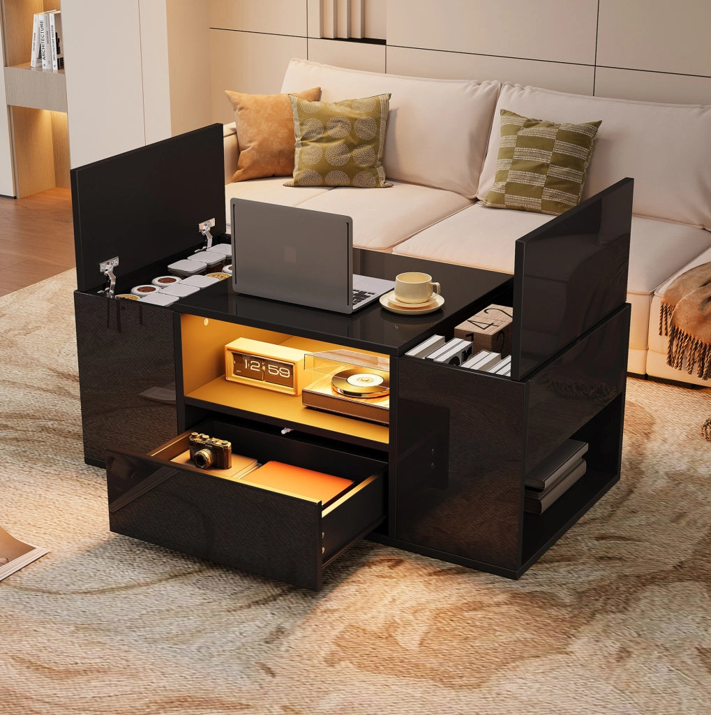 Tavolino da caffè 100x50x40 cm nero lucido con LED; cassetto e 6 vani HOMVRA