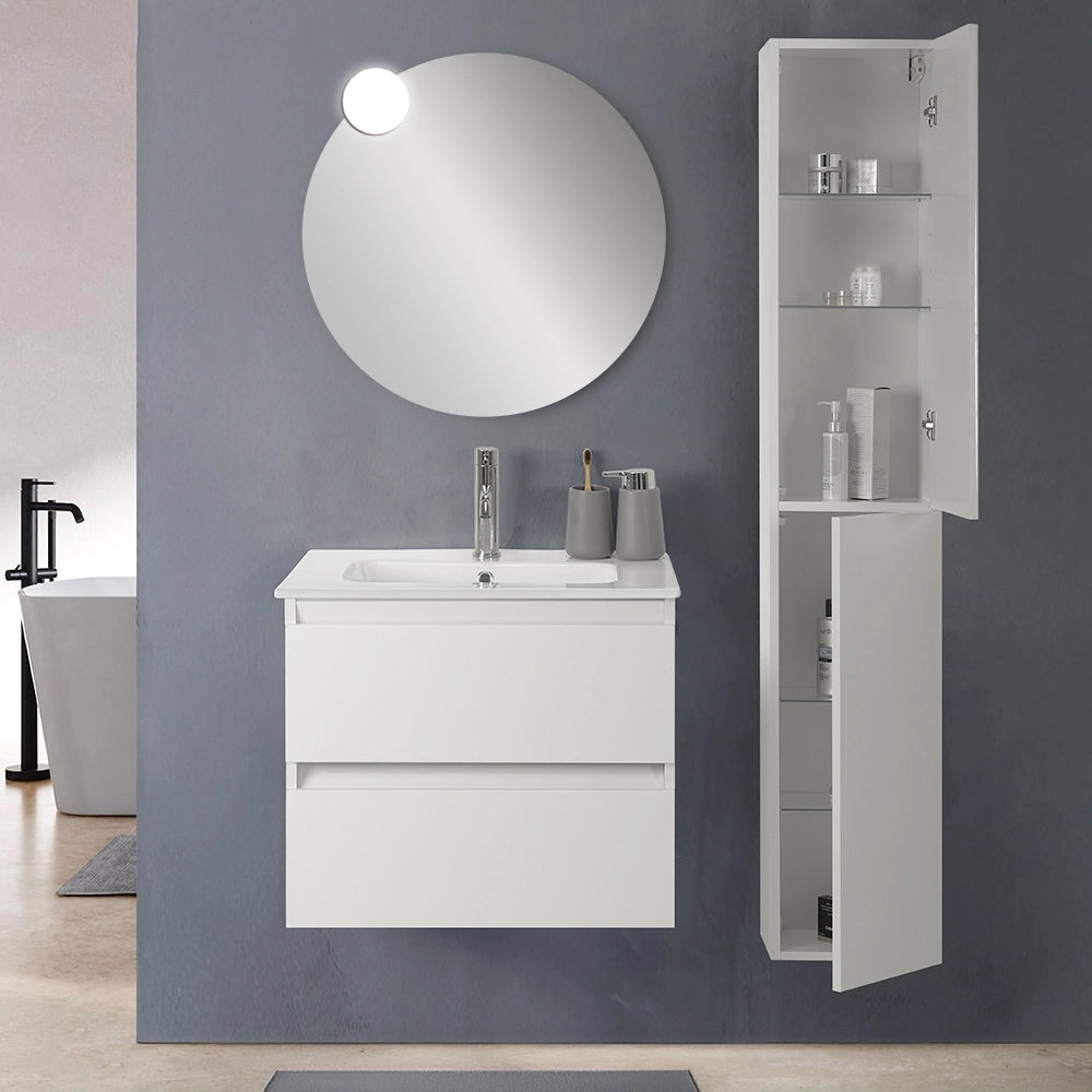Colonna bagno sospesa H160 cm in legno bianco lucido con ripiani Leda