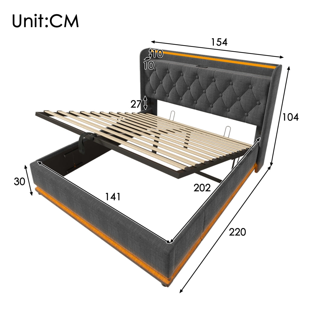 Letto matrimoniale imbottito 140x200 cm in lino grigio con LED; contenitore idraulico e USB-C