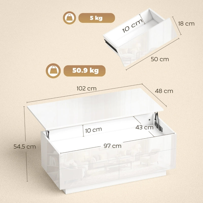 Tavolino basso alzabile con vano nascosto e 2 cassetti in legno e metallo bianco lucido 102 × 48 × 40 cm