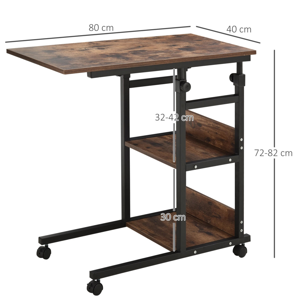 Tavolino laterale regolabile 80x40x72-82 cm con ruote e 2 ripiani in metallo marrone