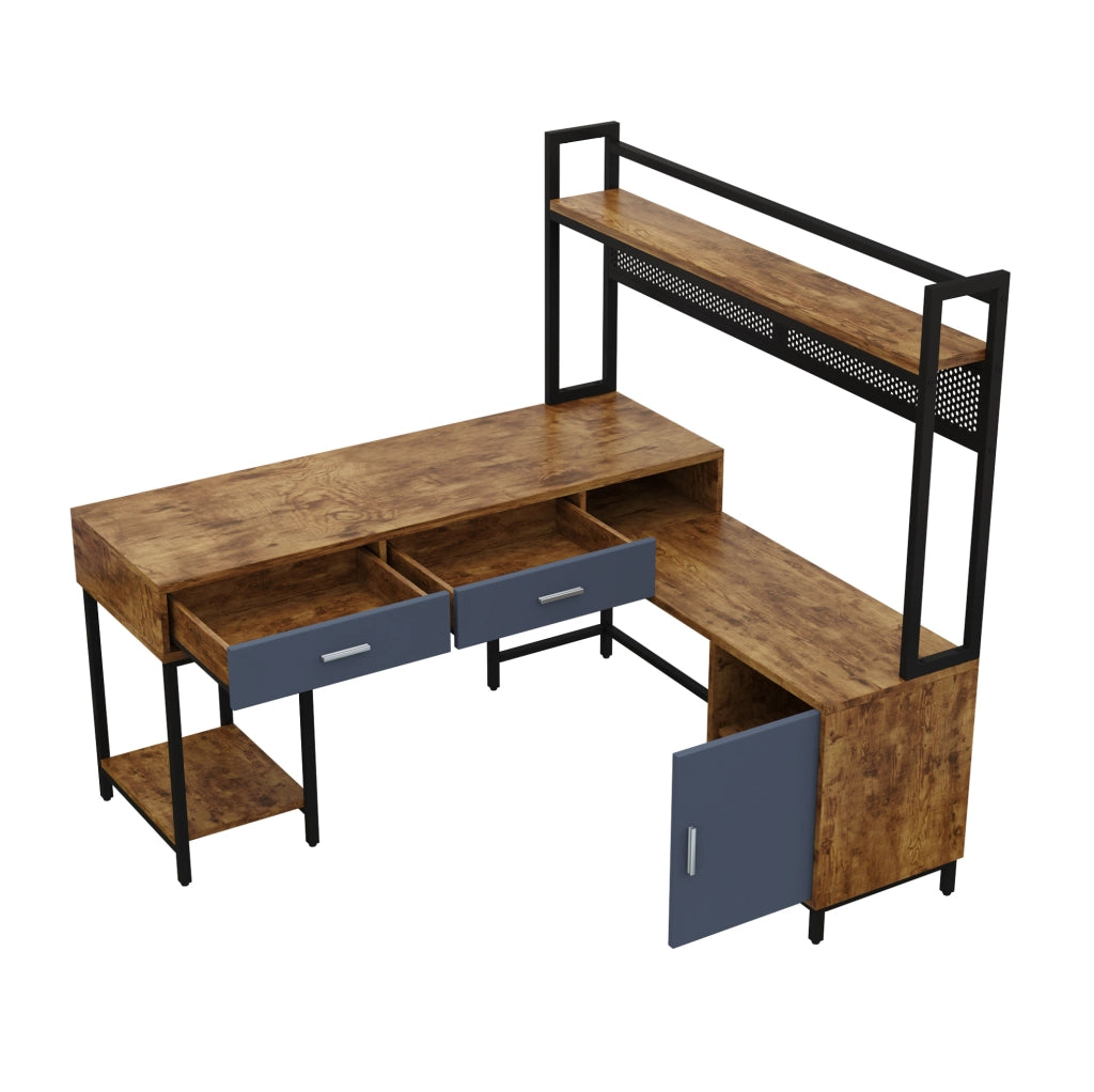 Scrivania angolare 140x140x135 cm in stile industriale con struttura in acciaio e MDF, finitura nero e legno, con cassetti e armadietto a porta singola