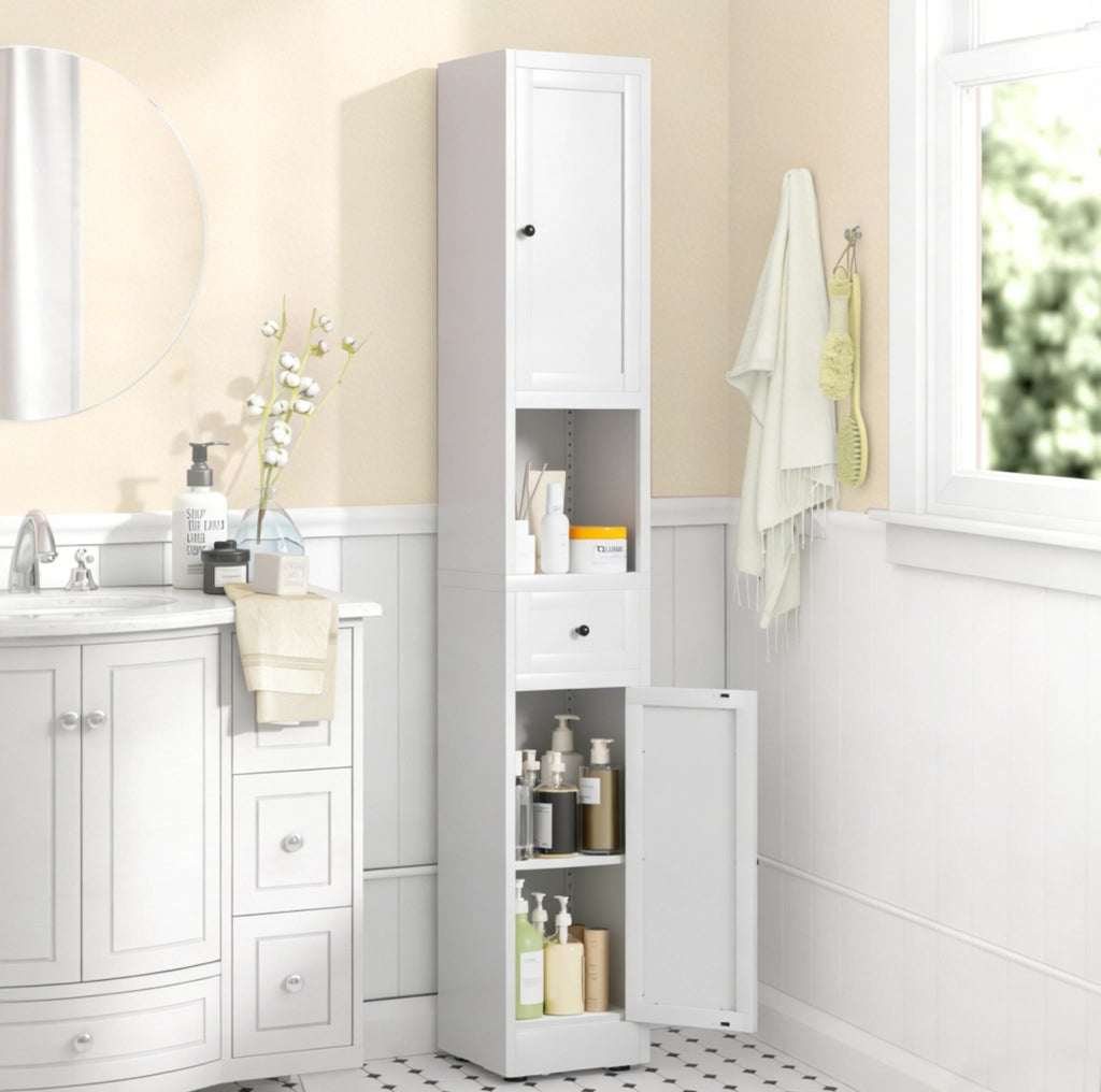 Armadio stretto da bagno in metallo bianco a 5 livelli con 2 ante; 30x30x180;34 cm