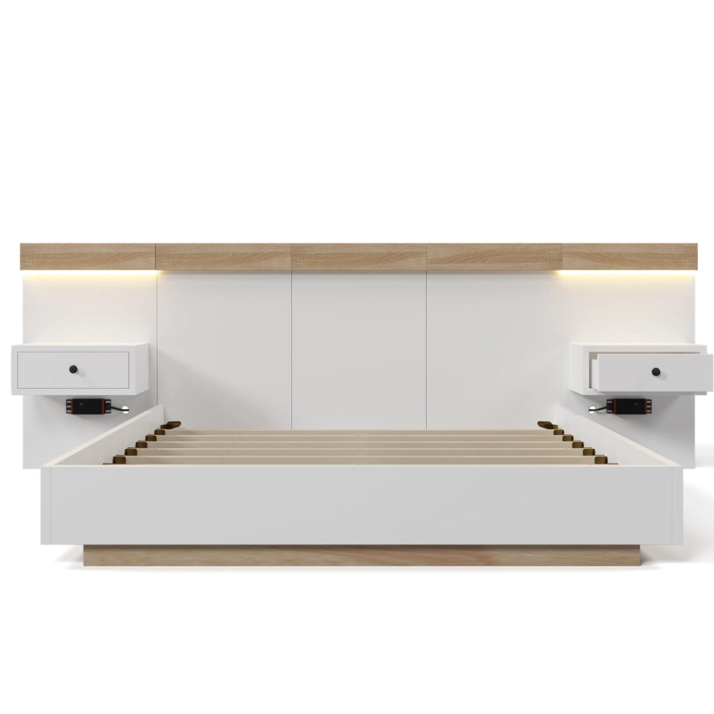 Letto matrimoniale 160x200 cm con comodini LED, USB-C e prese UE