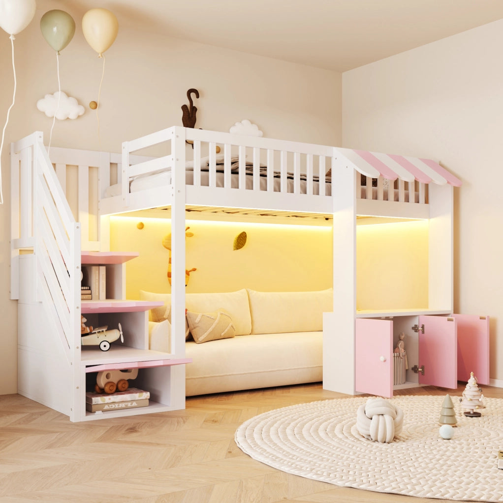 Letto a soppalco singolo 90x200 cm con scala contenitore e luce LED; rosa e bianco