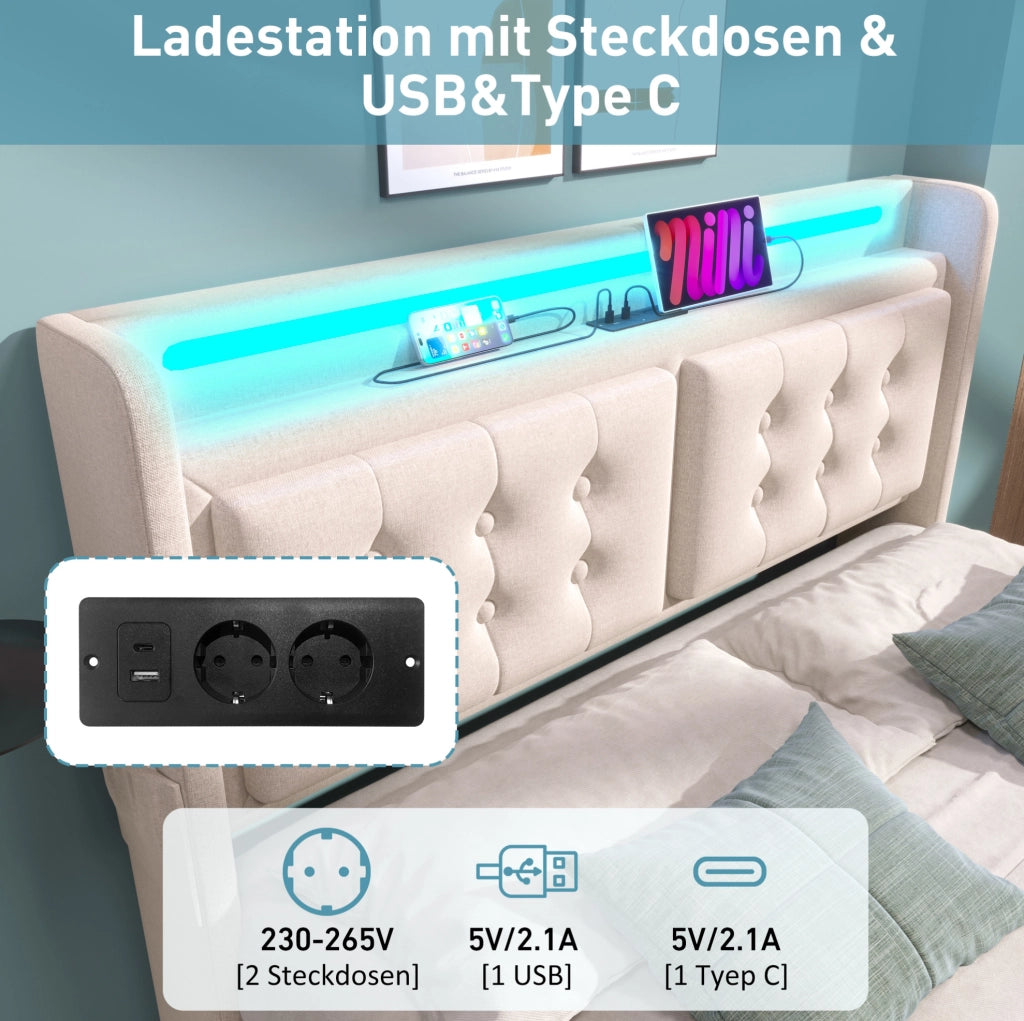 Letto imbottito 140x200 cm con LED; USB e Type-C; beige
