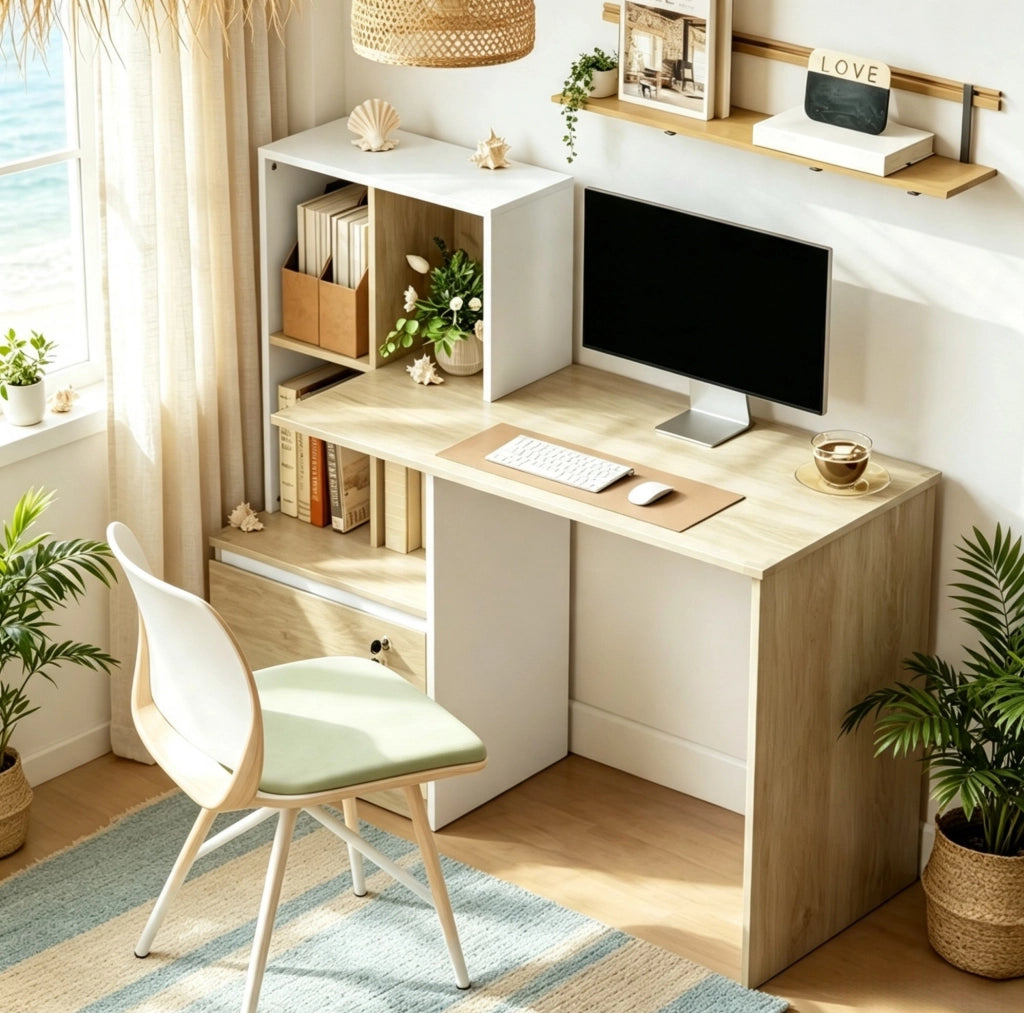 Scrivania per computer con libreria, cassetto chiudibile e 4 vani