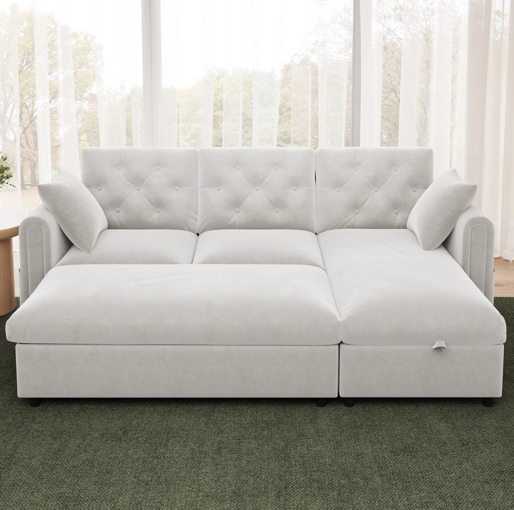 Divano moderno beige con chaise longue reversibile e pouf contenitore, 219 x 131 x 86 cm