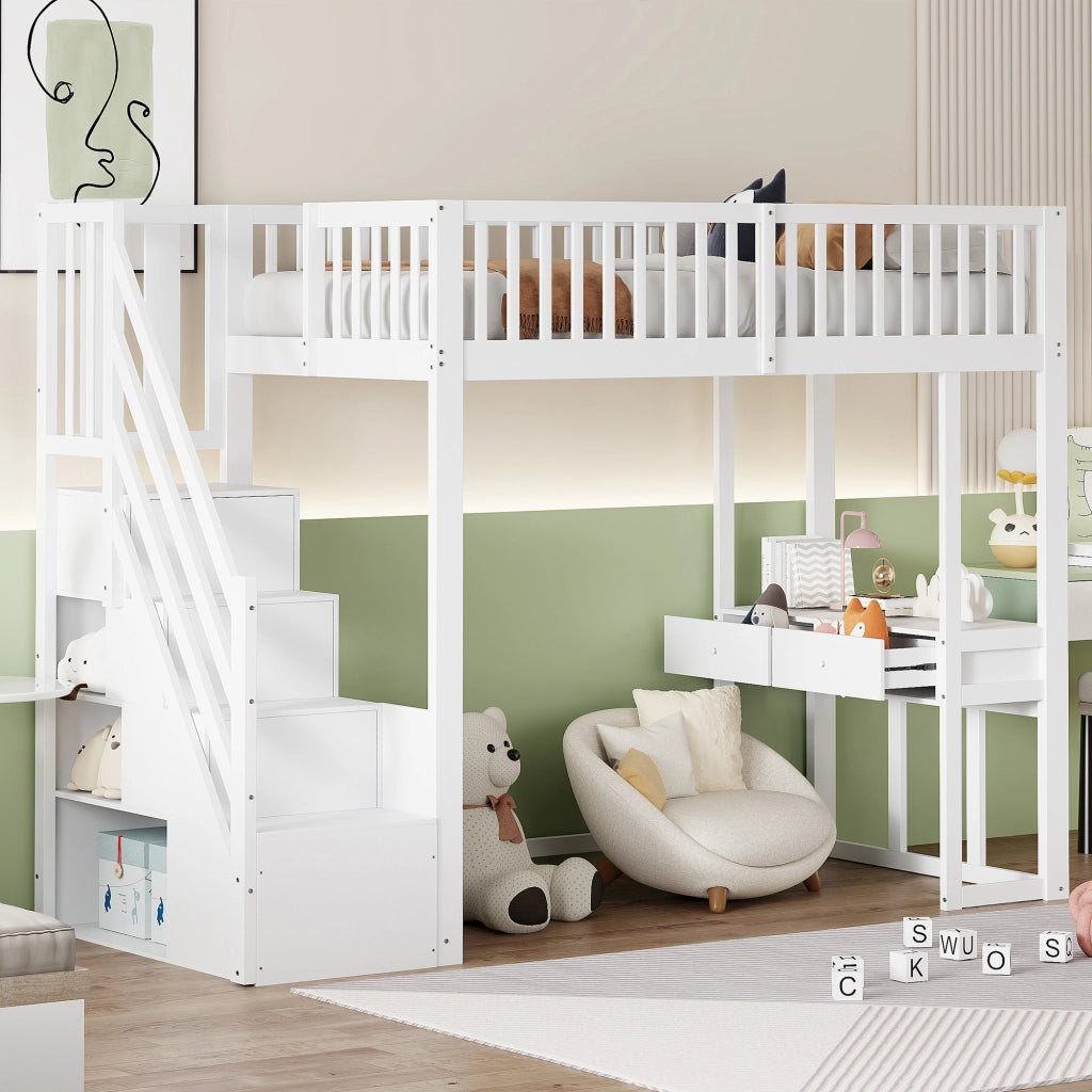 Letto a soppalco 90x200 con scrivania multifunzionale; scala contenitore e struttura in legno bianco