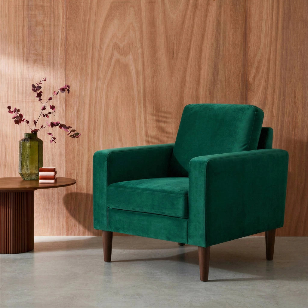 Poltrona scandinava in legno e velluto, verde inglese