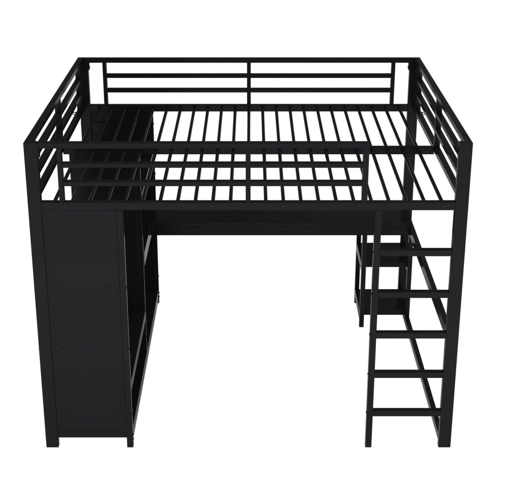 Letto a soppalco 160x200 cm in metallo nero con LED; scrivania; armadio aperto e ripiani