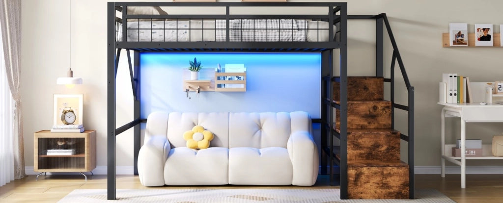 Letto a soppalco 140 x 200 cm nero con LED e gradini contenitore