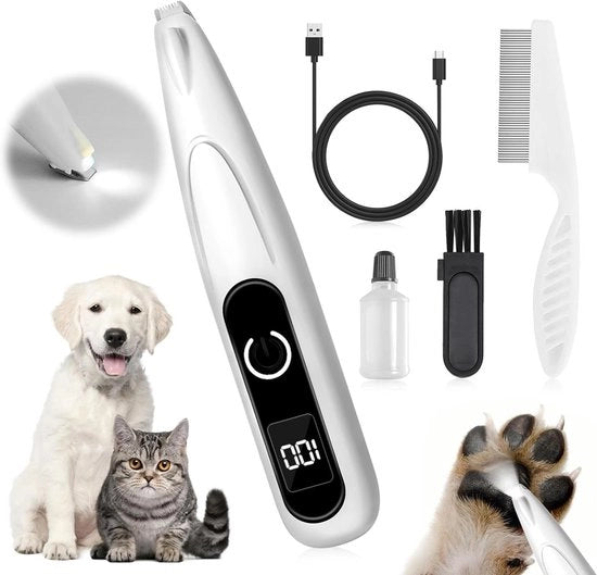 Tondeuse per animali domestici - Silenziosa con luce LED e ricaricabile tramite USB per la rasatura del pelo di cani su zampe, occhi, orecchie, viso, gambe e corpo