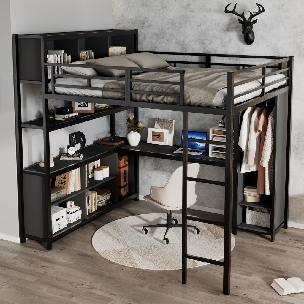 Letto a soppalco 140x200 cm nero in ferro e truciolare con scrivania; armadio e vani portaoggetti