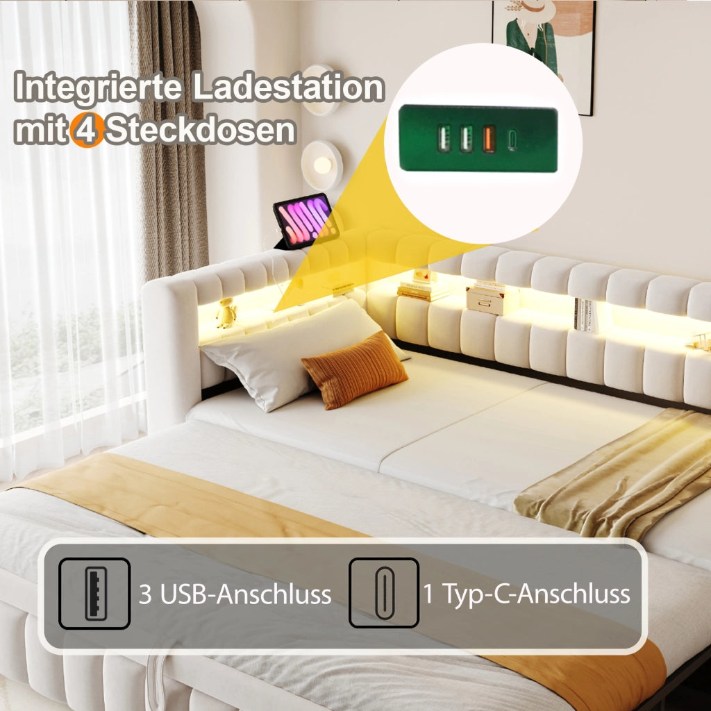 Letto singolo estraibile imbottito 90 × 200 cm con LED USB e tipo C in velluto beige con ripiani e schienale a righe