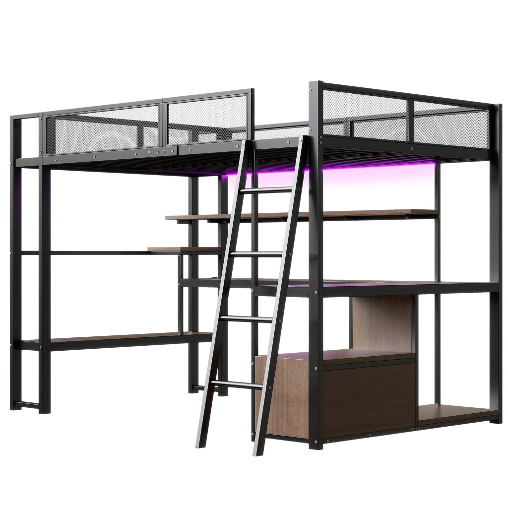 Letto a Soppalco 140x200 cm con Scrivania; LED; Contenitore; Scala e Sponde; Nero