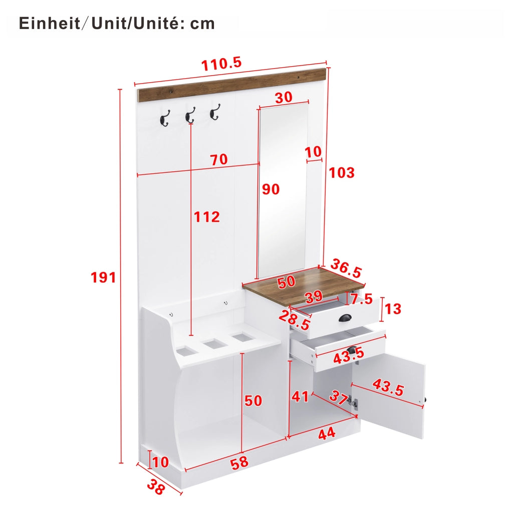 Set mobile ingresso con specchio, ganci, cassetti e portaombrelli