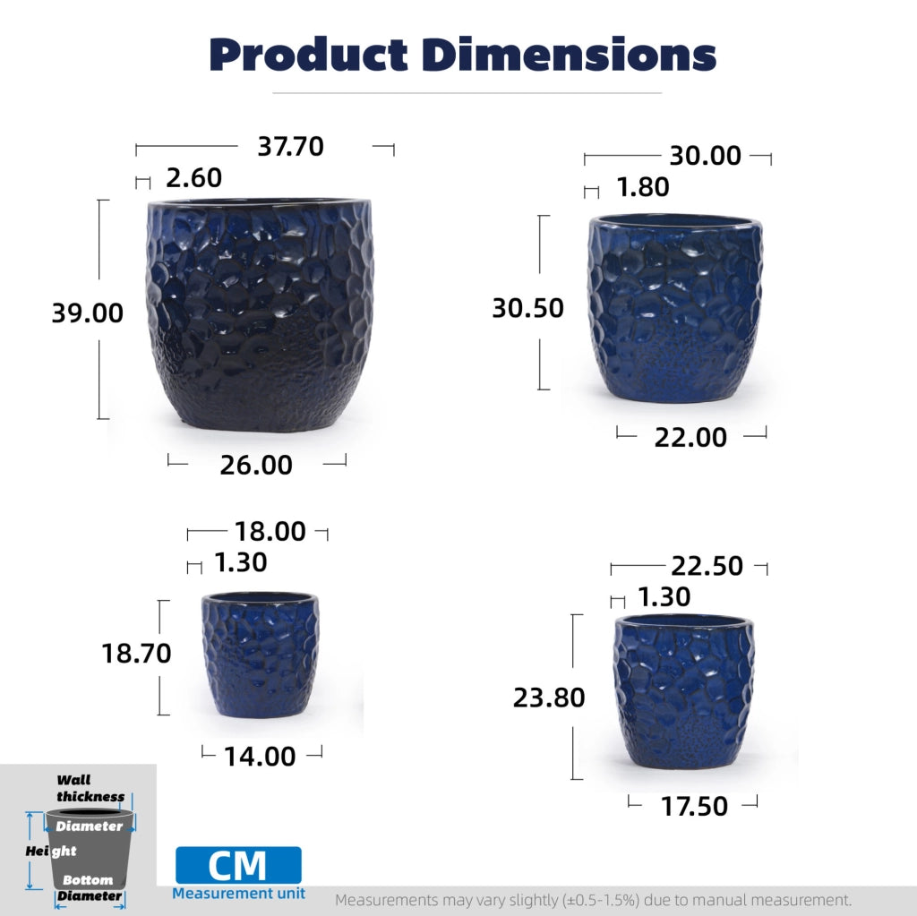 Vaso in ceramica artigianale Ø38 cm blu profondo lucido con rilievo martellato, traspirante e resistente al gelo con foro di drenaggio per piante da interno ed esterno