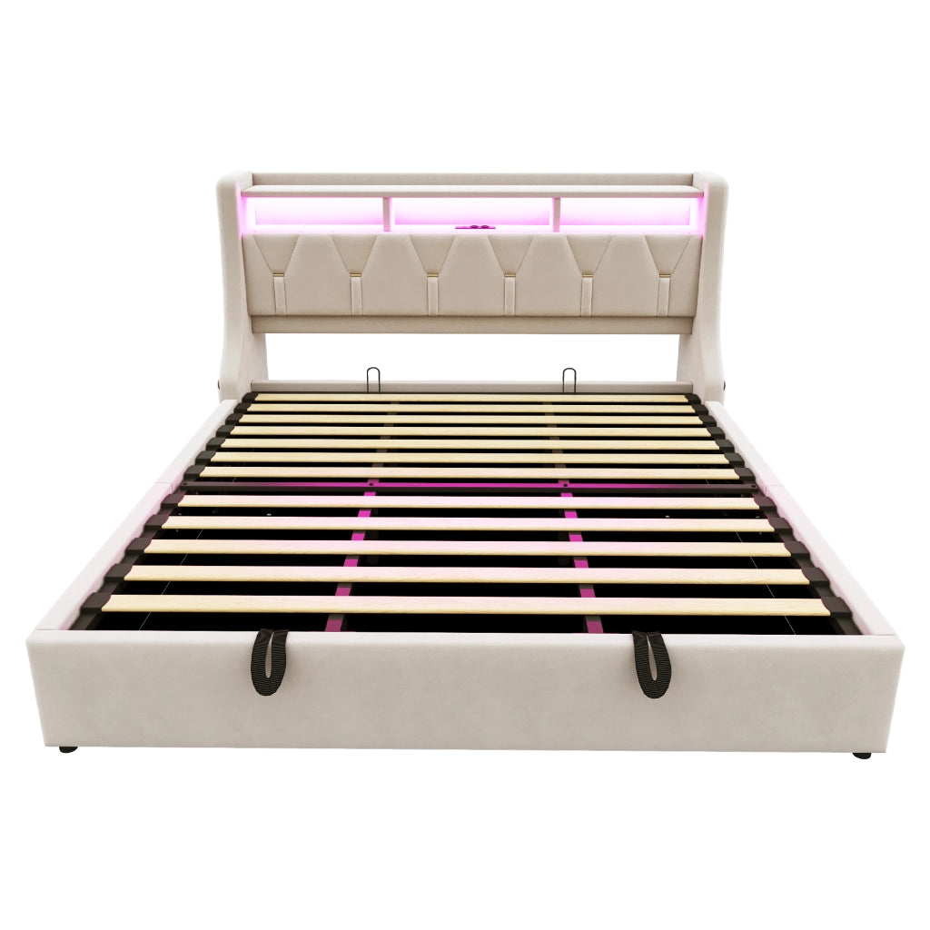 Letto contenitore matrimoniale 180 × 200 cm con LED; USB; Tipo-C e mensole; senza materasso; in velluto beige
