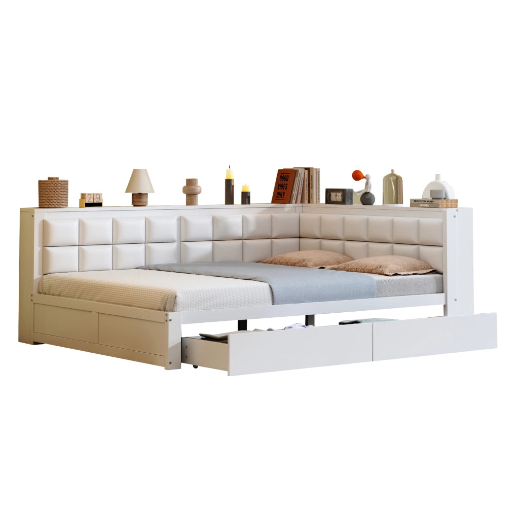 Letto divano 140 × 200 cm 2 posti con 2 cassetti e schienale morbido; senza materasso; in legno bianco