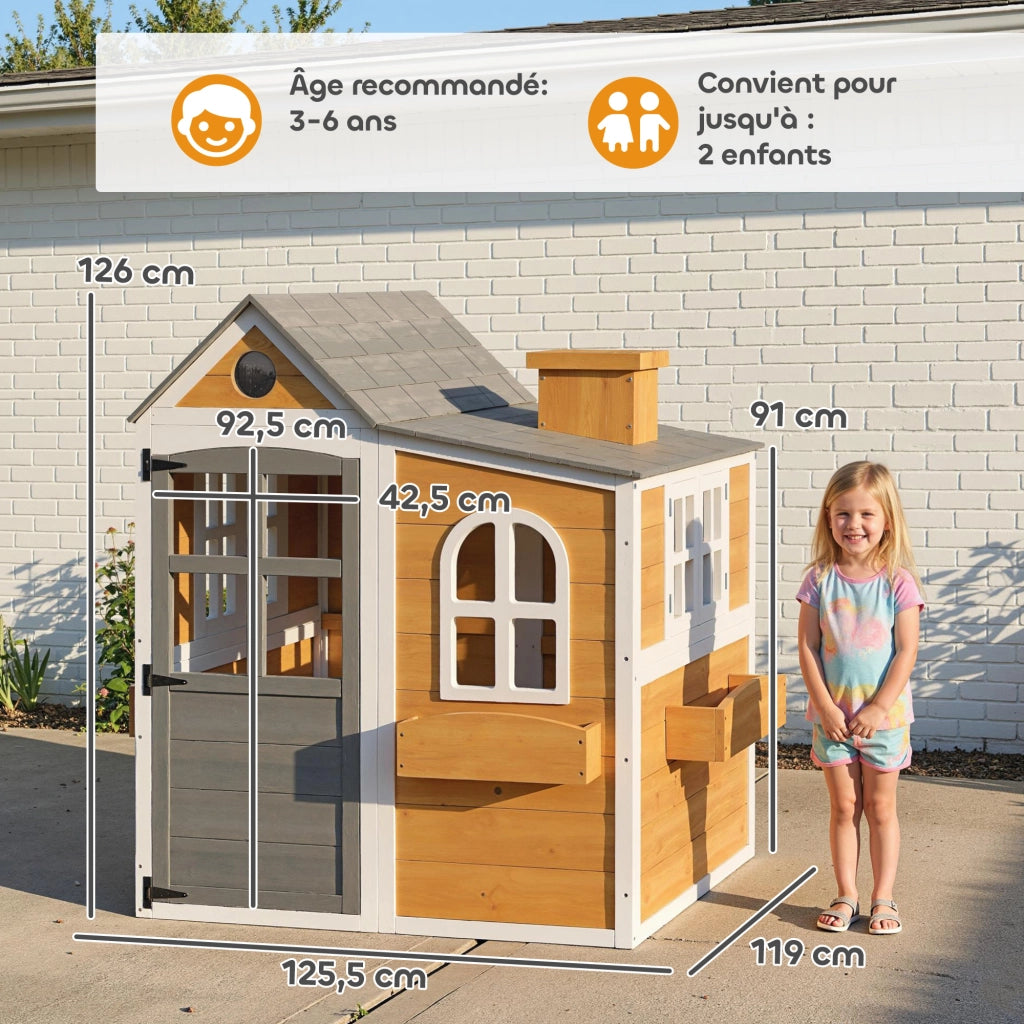 Casetta per bambini in legno da giardino con porta, finestre e 3 fioriere, casetta da gioco per esterno e interno, giallo