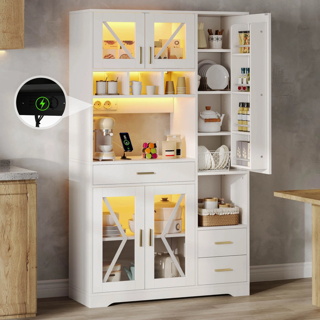 Credenza alta 105x40x185 cm con vetrina; LED multicolore e prese USB in MDF bianca