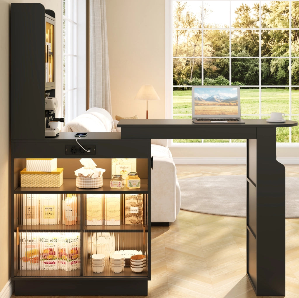 Tavolo bar estraibile con contenitori; LED; prese USB e Type-C 131-170x40x170 cm nero