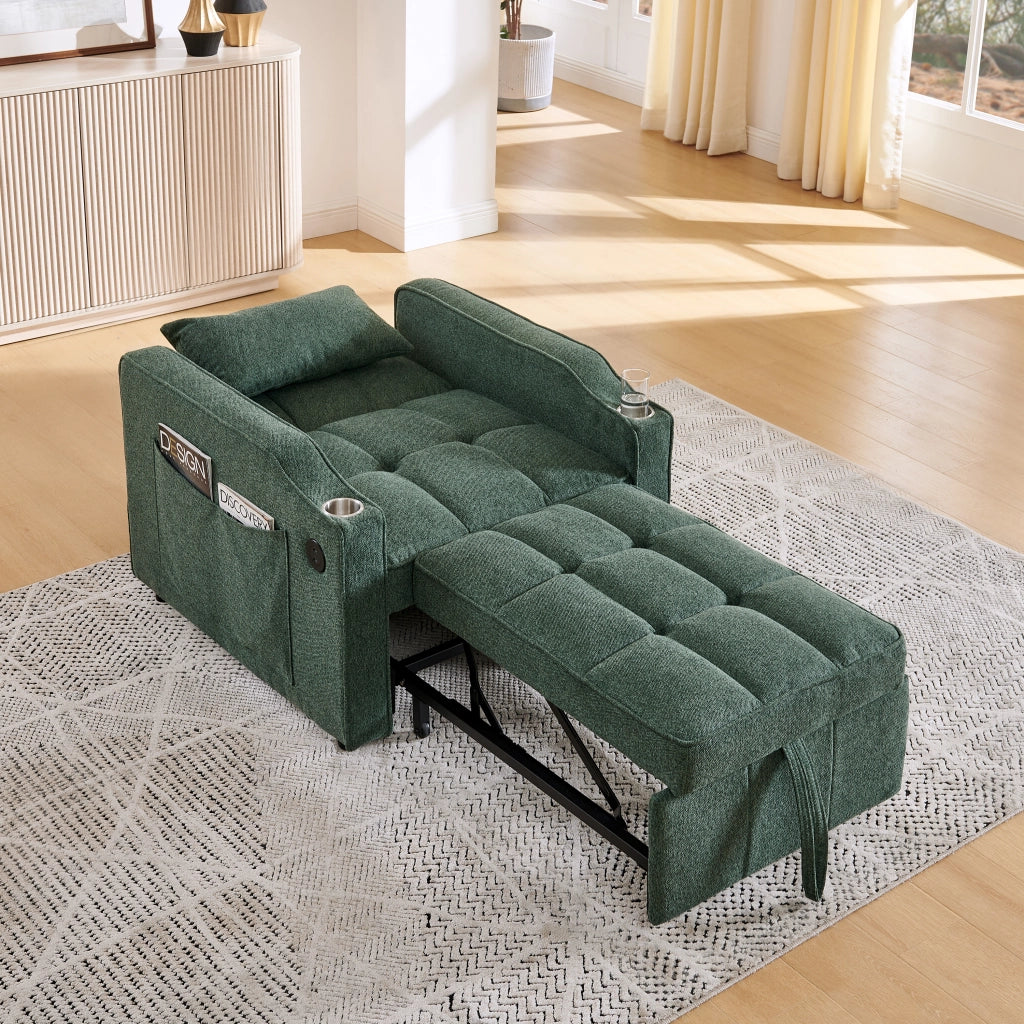 Poltrona letto 3 in 1 verde con USB; USB-C; portabevande e schienale regolabile