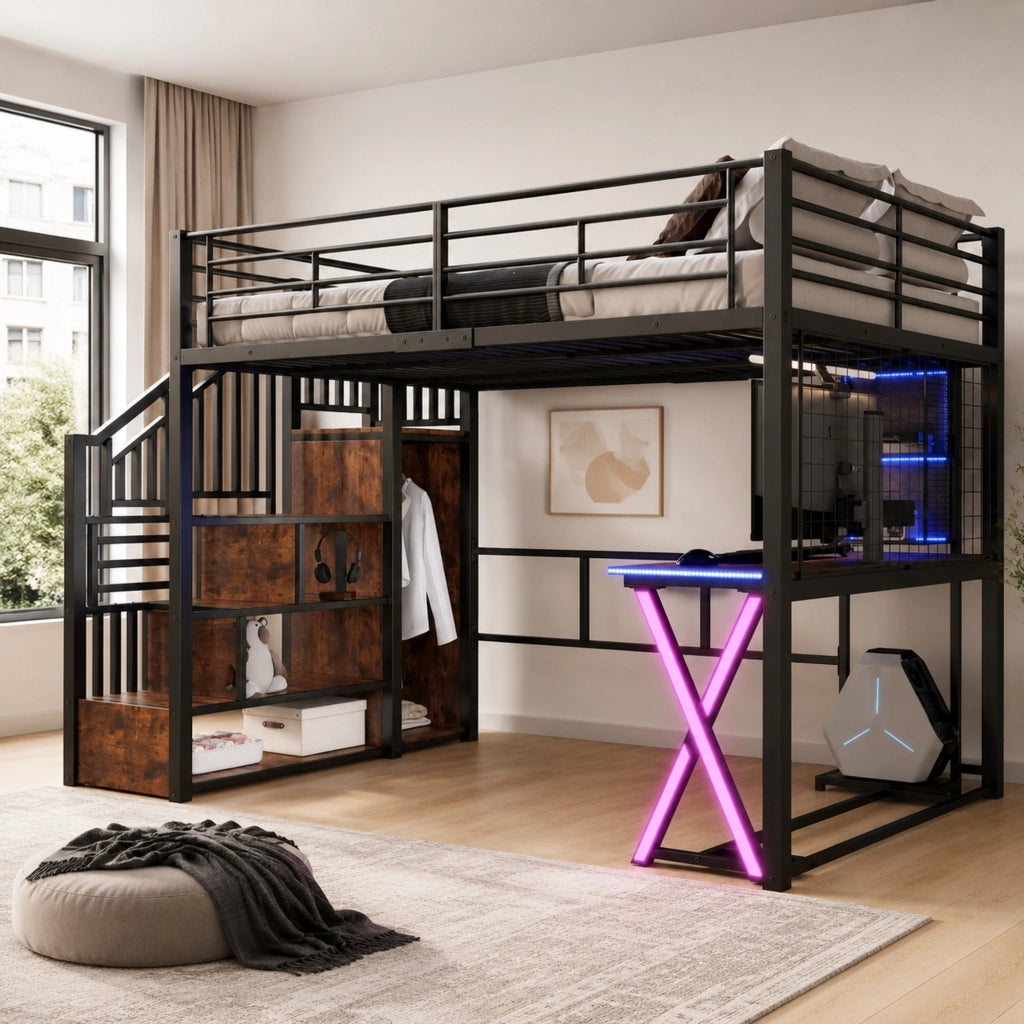 Letto a soppalco 140x200 cm con scrivania; armadio e LED in metallo e MDF nero