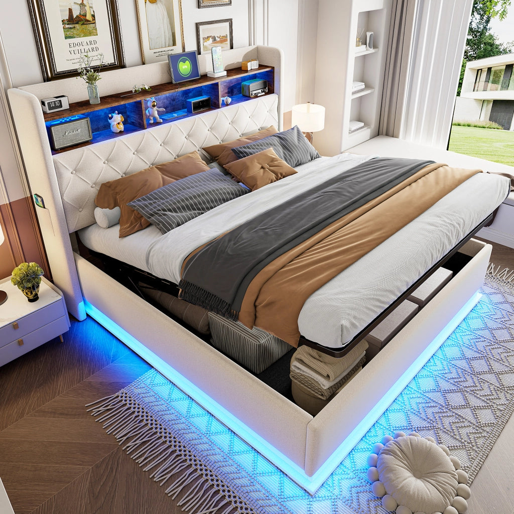 Letto matrimoniale imbottito 180 x 200 cm con luci LED multicolore; vano contenitore idraulico e presa USB; beige