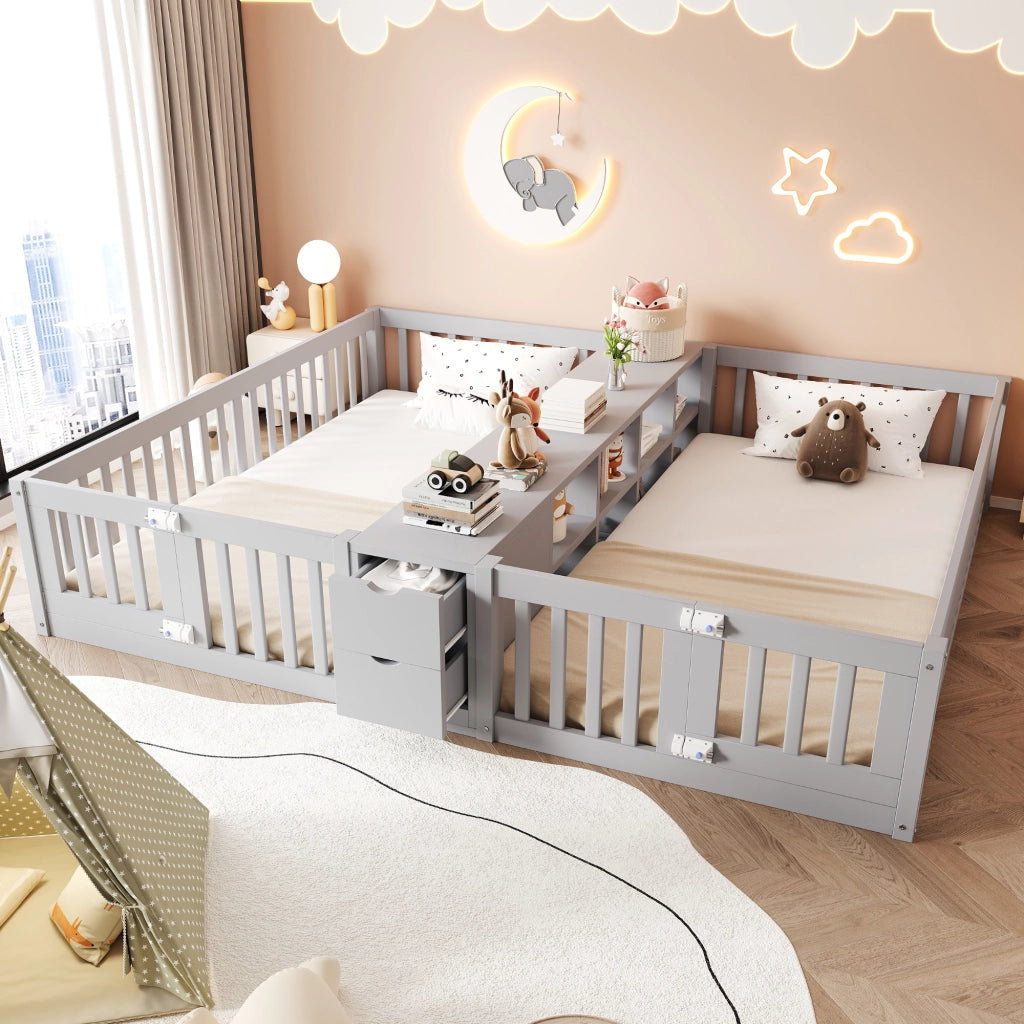 Letto per bambini 2 posti 90 × 200 cm con cassetti, ripiani centrali e sponde alte, senza materasso, grigio
