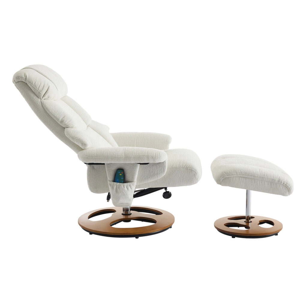 Poltrona relax con funzione massaggio e riscaldamento, girevole 360°, rivestita in tessuto chenille bianco, con poggiapiedi