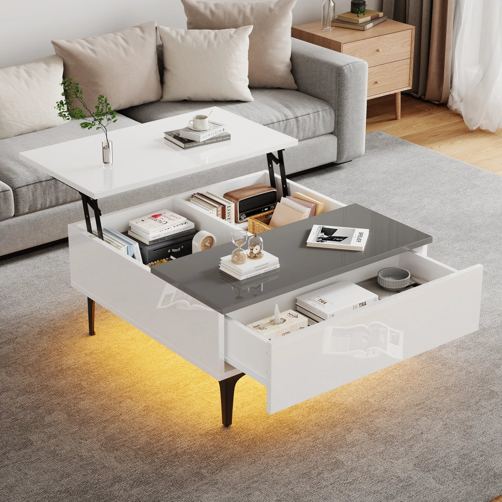 Tavolino basso alzabile con vano e cassetto LED in MDF bianco e grigio piano regolabile 70 × 70 × 35 cm