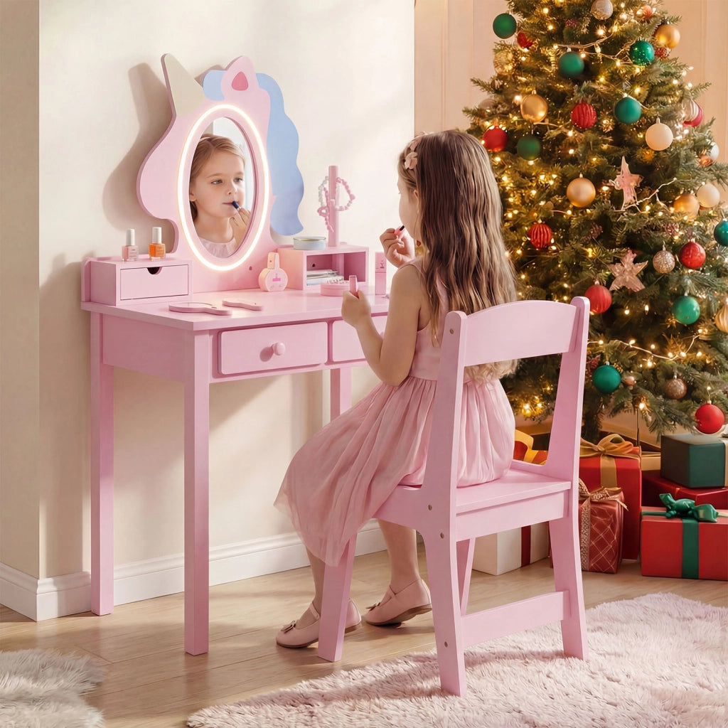 Toeletta trucco con tavolino sgabello e specchio rimovibile, Specchiera ad unicorno con luci per bambini 3-6 anni Rosa
