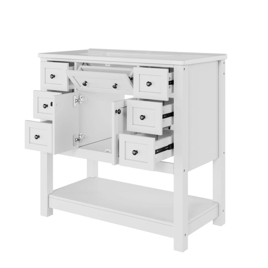 Mobile sottolavabo autoportante con lavabo in ceramica 6 cassetti anta doppia ripiano MDF bianco 91,5 × 46,5 × 90 cm
