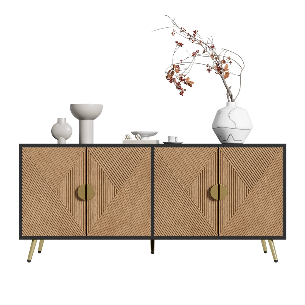 Credenza 160 cm a 4 ante; maniglie oro spazzolato e gambe lucide; nero e legno