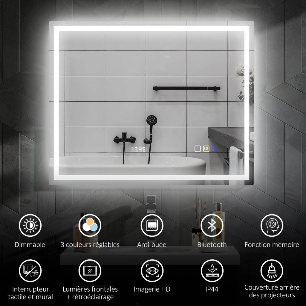 Specchio Bagno LED 80 x 100 cm con Bluetooth Antiappannamento Interruttore Touch Luce Regolabile 3 Colori Argento