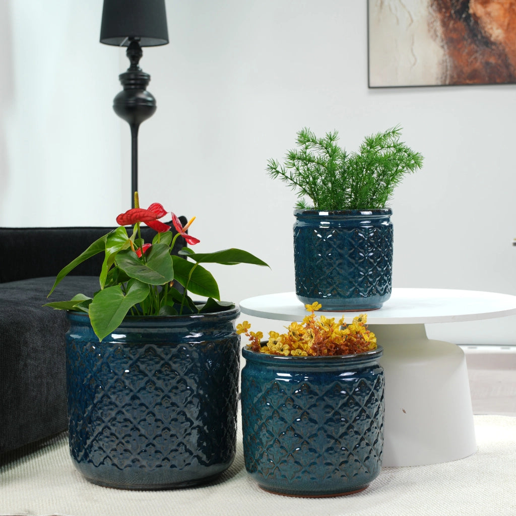 Vaso in ceramica set di 3 con rilievo a rombi blu navy e fori di drenaggio per interni e spazi esterni coperti