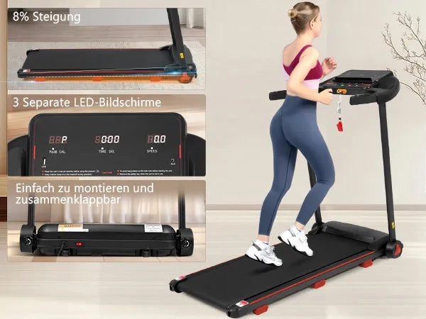 Tapis Roulant Pieghevole per Casa, 3,0 HP, Velocità fino a 14 km/h, Inclinazione 8%, Ampia Superficie di Corsa, Silenzioso, Display LED e Bluetooth, Portata Max 120 kg