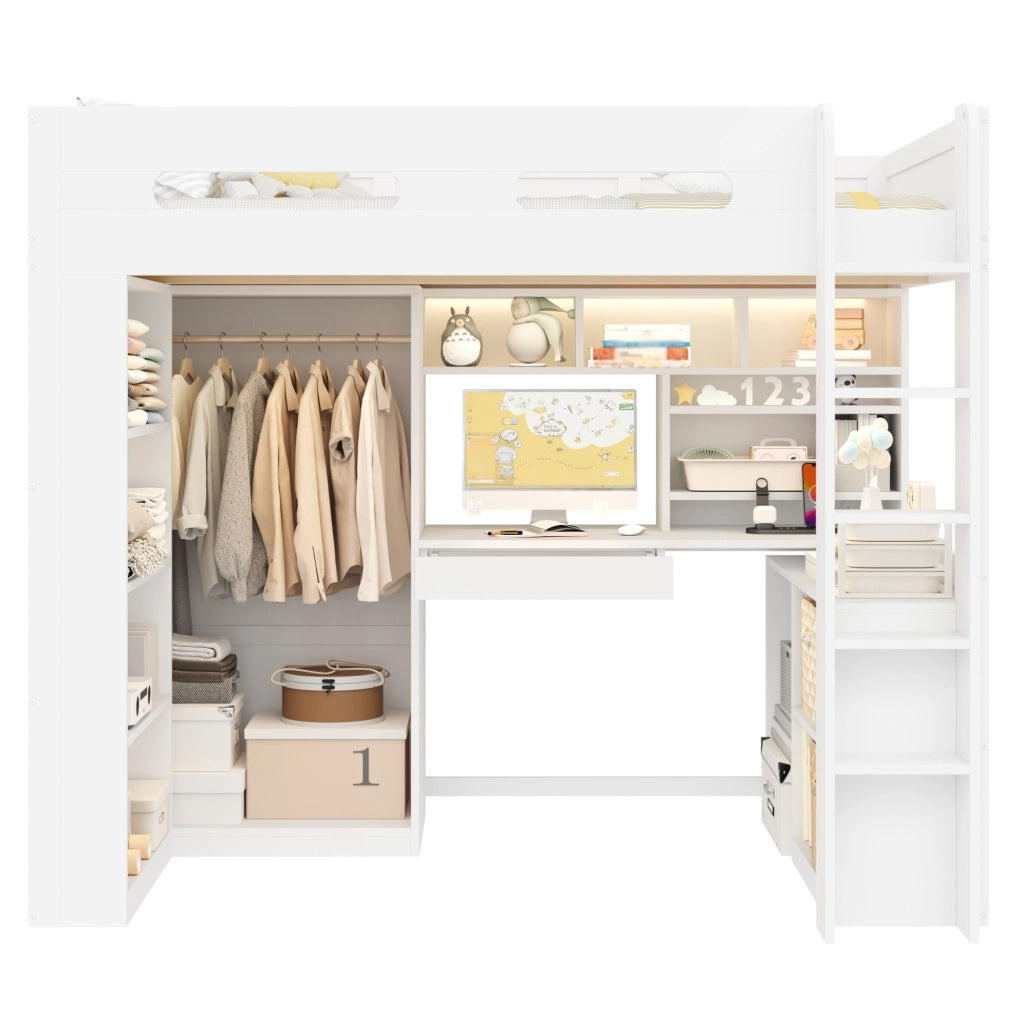Letto a soppalco 90x200 cm in legno e MDF bianco con scrivania LED