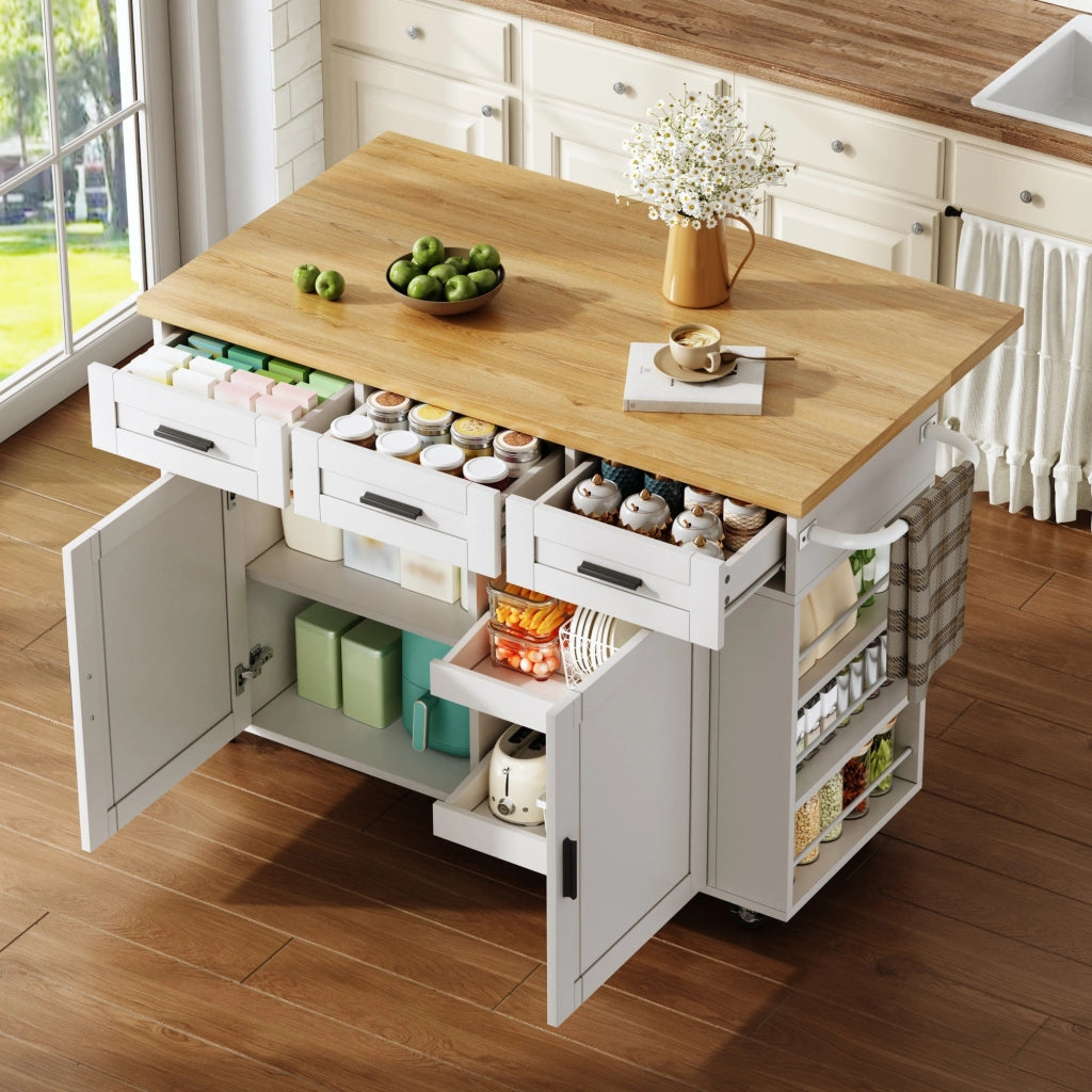 Carrello da cucina con piano pieghevole, 3 cassetti, prese e ruote, in MDF bianco e naturale, 120 × 45(70) × 84 cm