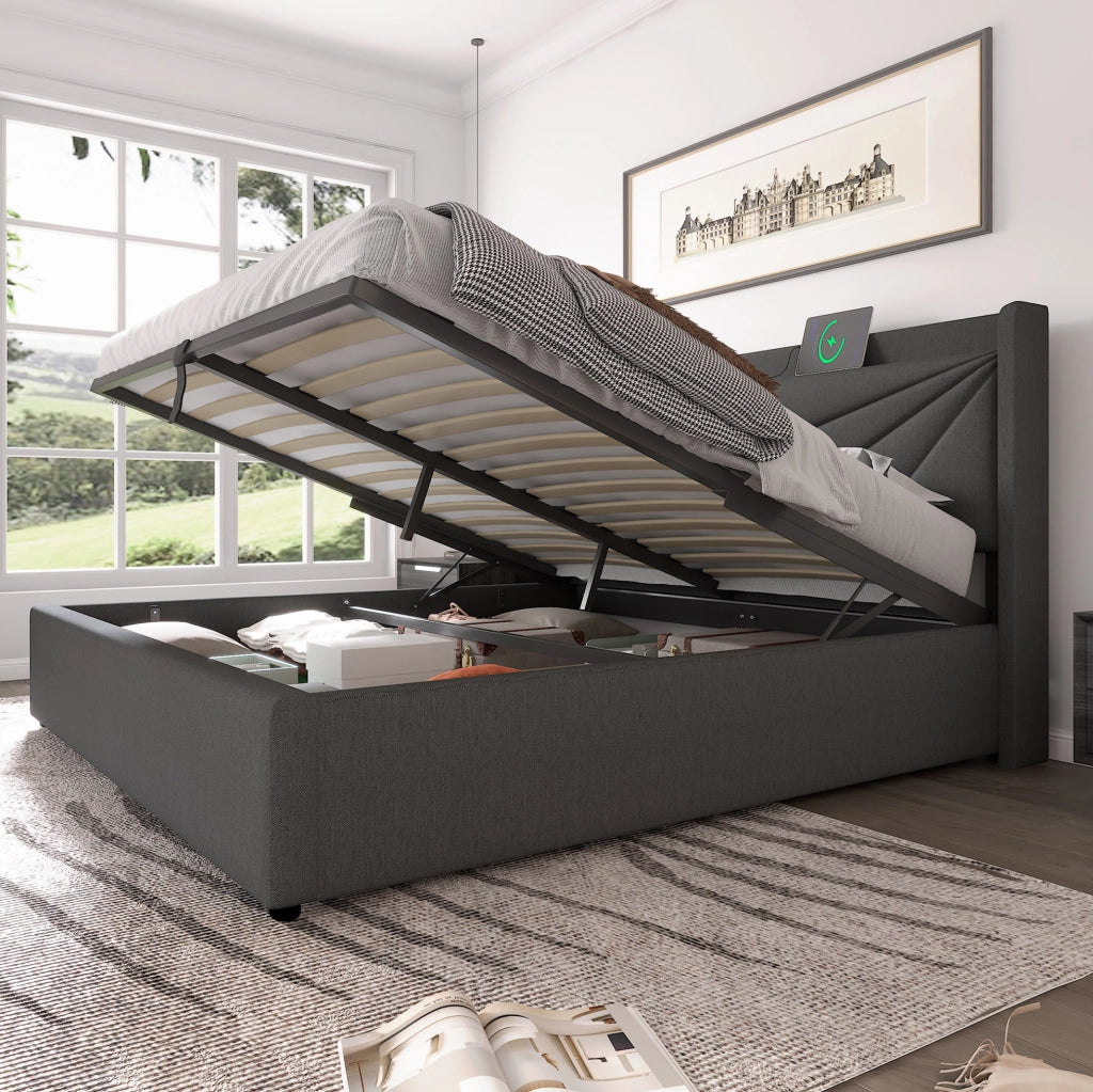 Letto matrimoniale 160x200 cm con contenitore; USB e USB-C; cotone e lino grigio